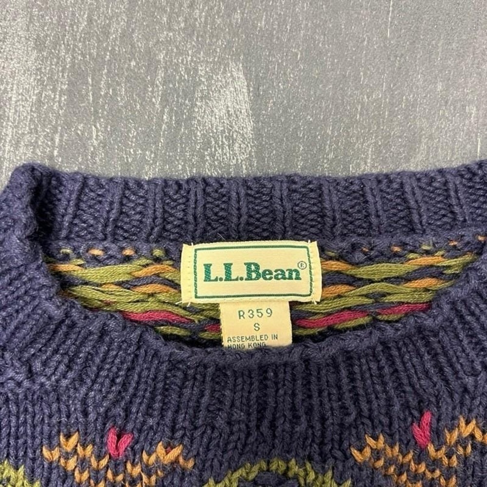 Vintage LL Bean Knit Sweater Small Blue 1990s Chunky Striped - Picture 2 of 6